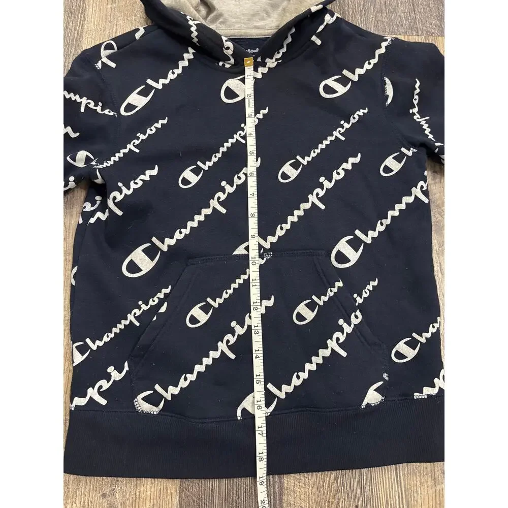 Champion Kids‎ Navy Blue All Over Script Logo Hoodie Sweatshirt Size S Small